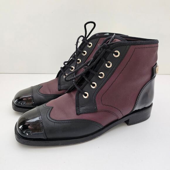 Chanel Burgundy/Black CC Cap Toe Ankle Boots Size US 7.5 /  EU 37.5 - Picture 2 of 8